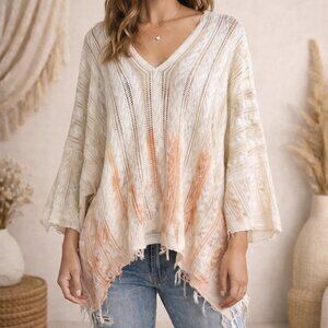 POL Oversized Open Knit Sweater Cream Boho Distressed Neutral V Neck Size Large